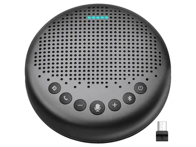 A studio shot of a portable speakerphone.