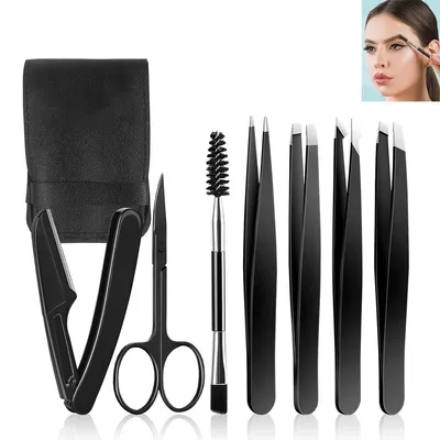Produktbild von Augenbrauen-Set 7-teilig,Profi Augenbrauenrasierer, Schere & Pinzetten-Set, Edelstahl,  für Anfänger & Profis, Schwarz