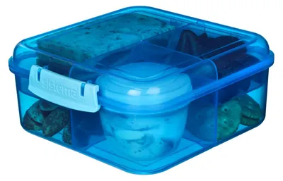 Obrázok produktu pre Systém Bentobox s objemom 1,25 l, vrátane nádoby na jogurt, 2 priehradky s vyberateľnou vložkou, rozmer 18,5 x 16,8 x 7,7 cm, modrá farba