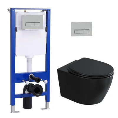 Obrázek produktu pro Sada předstěnových WC prvků + matně černý závěsný klozet + 114 cm skrytá splachovací nádržka s obdélníkovou chromovanou deskou HOROW