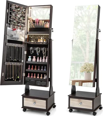 Produktbild von COSTWAY Skříňka na šperky se 3 zrcadly, nastavitelné zrcadlo na šperky se zásuvkou, kolečky a osvětlením, uzamykatelná 42x35x159cm (hnědá)