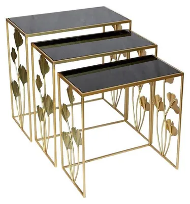 3er-Set Beistelltische, Glas/Metall, Schwarz/Gold, 65x35x64,5 cm