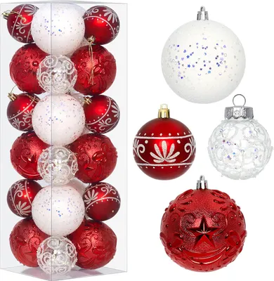 Zdjęcie produktu dla Zestaw bombek choinkowych StarryLights czerwono–białe – eleganckie ozdoby świąteczne