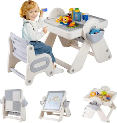 Produktbild von COSTWAY 6-in-1 Kinder-Tisch & Stuhl Set, Kindersitzgruppe mit Tischplatte, Stifteschlitz, Körben & Bücherregal, Spieltisch für Kinder ab 18 Monaten