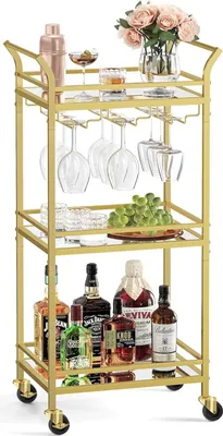 Produktbild von Vasagle Servierwagen, 3 Ebenen, Rollwagen, mit Rädern, Griffen, verspiegelten Glasablagen, für kleine Räume, Küche, Esszimmer, Bar, goldfarben