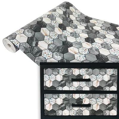 Produktbild von Klebefolie Möbel 45x100 cm - Sechskantfliesen - Möbelfolie selbstklebend in Deko-Stil - Folie für Möbel zur schnellen Renovierung von Türen, Schränken und Regalen - Möbelfolie dekorativ und pflegeleicht