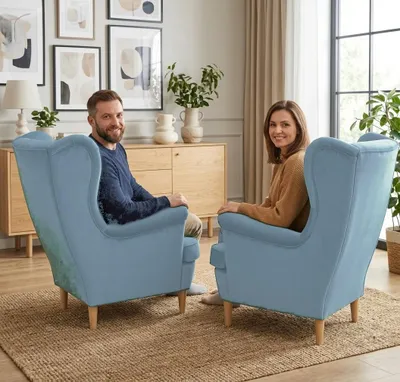 Produktbild von 2er-Set Ohrensessel DIANA Trinity – geknöpfte Rückenlehne, Velours in Hellblau, Family Meble