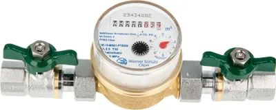 Produktbild von Einstrahlzähler ETK Kombi-Set (Kaltwasser) bis 30 Grad Länge 80 mm, inkl. Kugelhähne grün 1/2 Zoll