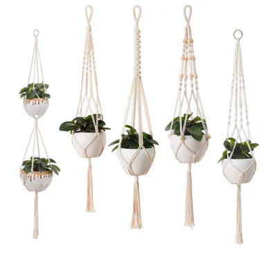 Produktbild von 5er Set Makramee Blumenampel, Boho Deko Baumwollseil Hängeampel Blumentopf Pflanzen Halter Aufhänger für Innen Außen Decken Balkone Wanddekoration (Beige)