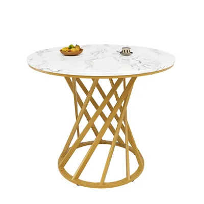 Produktbild von Esstisch mit MDF marmorierte Tischplatte Runder Esszimmertisch Küchentisch für 4, 80×80×76cm Weiß+Gold