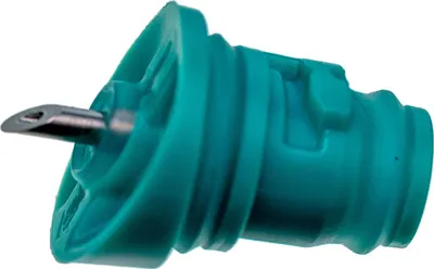 A close-up studio shot of a teal-colored plastic injector needle attachment with a silver metal needle tip, isolated on a white background.