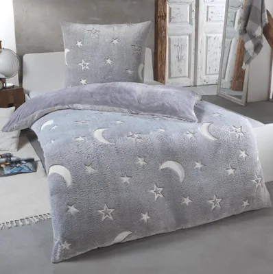 Produktbild von Kuscheli® Teddy Plüsch Bettwäsche 135x200, Sterne Kinder-Bettwäsche die im Dunkeln leuchtet Winter Fleece Set Cashmere-Touch Bettbezug, Farbe:Grau