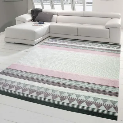 Zdjęcie produktu dla Orientalny dywan do salonu w kratkę w kolorze kremowo-szaro-fioletowym rozmiar - 200 x 290 cm