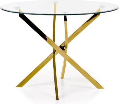 A round glass-top dining table with a gold metal base.