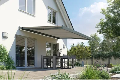 Produktbild von SOLUNA Kassettenmarkise Modern 4,5x2 Stoff Dessin 320925 Gestell RAL 7016 anthrazitgrau links inkl.Motor und Wandschalte