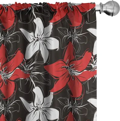 Image de ABAKUHAUS Rideaux rouges et noirs, voilages, motifs artistiques de plantes à massifs fleuries, jardin rétro-naturel, 2 pièces 75 x 245 cm, noir blanc vermillon