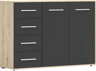 Produktbild von Kommode mit Schublade Sideboard Schrank Highboard Goldene Türgriffe, Wohnzimmer, Esszimmer, Flur & Diele -135 x 95 x 45 cm - KOMMODE - Highboard IRYS 01 2D4S Artisan + Schwarz