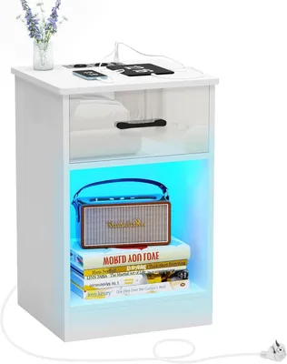 Produktbild von Nachttisch mit Steckdose & USB,LED Weiß Hochglanz Nachtkommode,Smart Nightstand,Beistelltisch Kommode Sofatisch für Schlafzimmer 40x35x60cm
