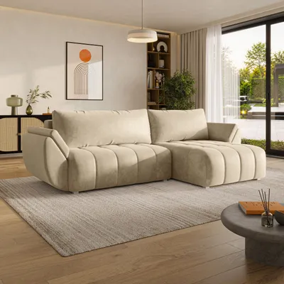 Produktbild von Masseno Ecksofa OLSI mit Schlaffunktion L-Form, Sofa mit Bettkasten, Wohnzimmersofa, Couch, Soffa, Bettsofa, Couchgarnitur- Creme, MONOLITH 04