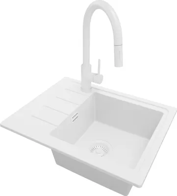 Produktbild von PRIMAGRAN Granitspüle Alles Weiß 55x44cm, Spülbecken 1 Becken + Küchenarmatur 40x20cm + Ablauf-Set, Küchenspüle ab 45er Unterschrank - Kopenhagen Easy