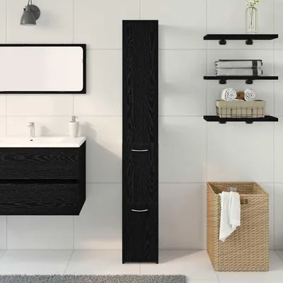 A modern bathroom with a black vanity, a tall black cabinet, and shelves.