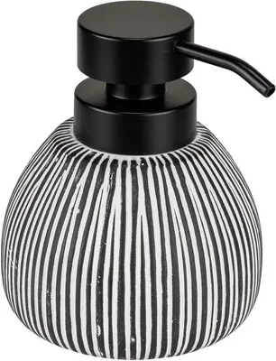Zdjęcie produktu dla Unyqoos® dozownik na mydło ceramiczny, czarno-biały, z fakturowaną powierzchnią, stojący, pojemność 0,5 L, pompa ABS, wymiary 11×13×12 cm – elegancki dodatek do łazienki