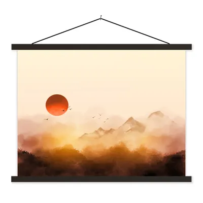 Produktbild von MuchoWow® Textilposter Malerei - Sonne - Landschaft - Vögel 40x30 cm mit schwarzem Rahmen - Dekorationen