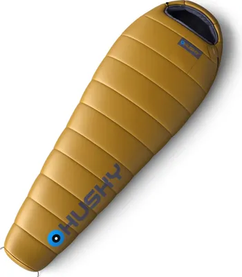 A yellow sleeping bag is shown against a white background.