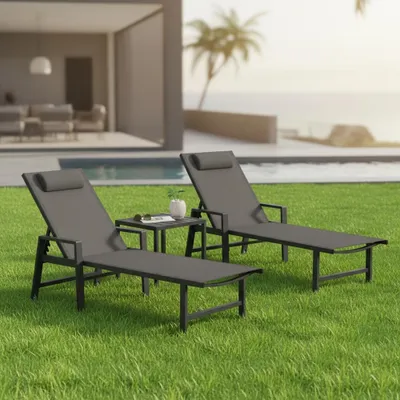 Produktbild von 2× Sonnenliege & Gartentisch – Aluminium Liegen mit Rollen & Tisch, wetterfest
