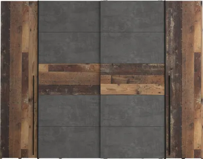 Produktbild von Forte NARAGO Kleiderschrank 270, rustikaler Dreh-/Schwebetürenschrank, 4-türig, geräumig, Holzwerkstoff, Old Wood Vintage Holzdekor / Betonoptik Grau, 270,3 cm breit x 210,5 cm hoch x 61,2 cm tief