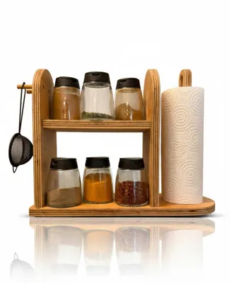 Produktbild von Küchen-Organizer aus Buche – Gewürzregal & Küchenrollenhalter mit Haken – 35x27x12 cm