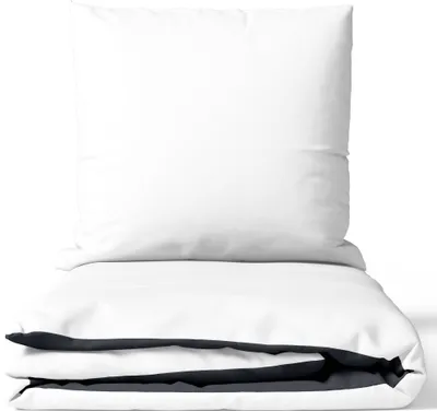 A white pillow and folded gray and white bedding are displayed against a white background.
