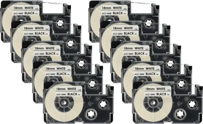 Produktbild von vhbw 10x Schriftband-Kassette kompatibel mit Casio KL-200, KL-130, KL-100E, KL-120, KL-1500, CW-L300 Etiketten-Drucker 8m x 18mm Schwarz auf Weiß