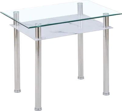 A glass dining table with a marble-effect shelf and chrome legs, shown from a diagonal angle against a white background.