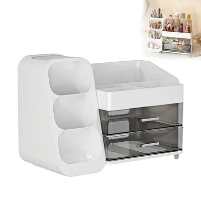 Produktbild von Kosmetik-Organizer für Schminktisch,Großer Make-up Aufbewahrungskasten mit 3 transparenten Schubladen,  für Pinsel & Schwämme, Weiß