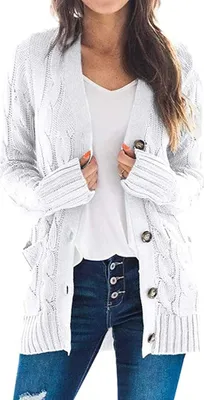 Produktbild von ASKSA Damen Strickjacke Strickpulli Langarm mit Taschen Knopf Pullover Casual Einfarbig Strickmantel, Weiß, M