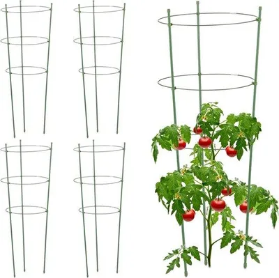 Produktbild von Famanu Pflanzenstütze für Kletterpflanzen - 5-teiliges Set aus Metall und Kunststoff - 76 cm - 3 verstellbare Ringe - Grüne Tomatenstütze