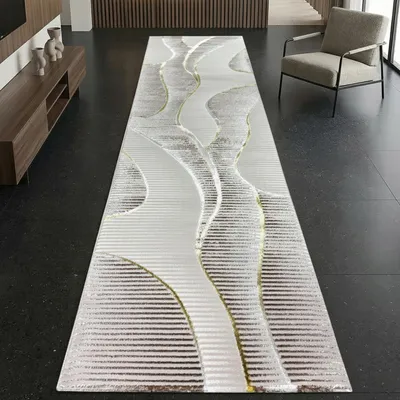 Immagine prodotto di Tappeto a pelo corto crema linee curve moderno con effetto lucido per soggiorno e camera da letto Dimensioni - 80 x 300 cm