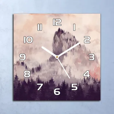 Produktbild von Deko Glasuhr Wanduhr 30x30 Lila Berge Nadelwald Quarz Küchenuhr Bürouhr