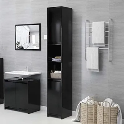 Image de Armoire de salle de bain haute - Armoire à colonnes salle de bain - Armoire à colonnes debout - Armoire étroite avec portes - Noir