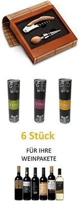 Produktbild von wein Geschenke + + 6 Dosen + 2-teiliges Weinset in Holzbox mit Bambusdekor. Bestehend aus Korkenzieher und Flaschenverschluss in einer Kombination aus Holz und Stahl.