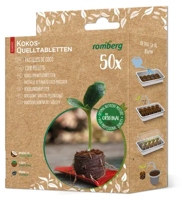 Obrázok produktu pre Romberg kokosové tablety na rozmnožovanie rastlín - 50 kusov, Ø 36 mm, substrát na rozmnožovanie s ľahkým štartovacím hnojivom, ideálne pre bylinky, kvety a zeleninu