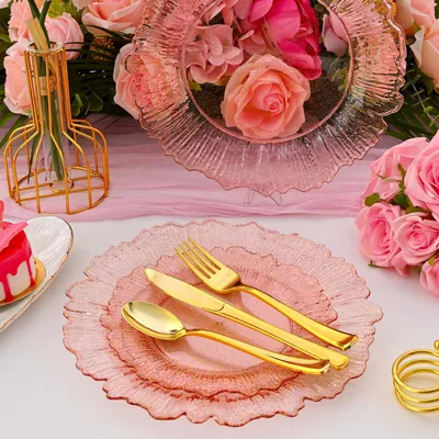 Produktbild von 60 transparente rosa Kunststoffteller mit Blumenmuster