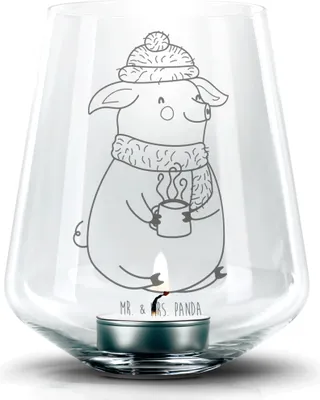 Produktbild von Mr. & Mrs. Panda Kerzenhalter Schweinchen Glühwein - Transparent - Geschenk, Spruch, Laterne, Betrunken, gravur glas, Weihnachtsmarkt, Teelichthalter, Weihnachten