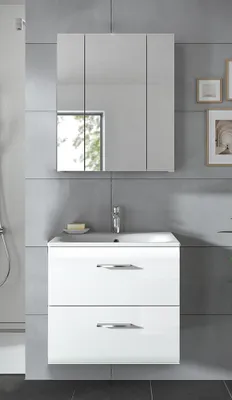 Produktbild von Badmöbel-Set 2-teilig in weiß mit weiß Hochglanz, mit Spiegelschrank & 60 cm Waschtisch - IGGESUND-158