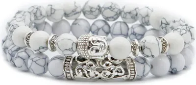 Produktbild von 2-teiliges Armband mit Buddha Kopf, Naturstein, Damen Herren, J0252 Weiß