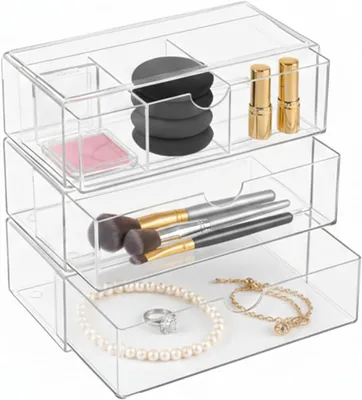 Imagen del producto de Juego de organizadores de maquillaje de acrílico, de 3 piezas, apilables, con cajones, para el baño