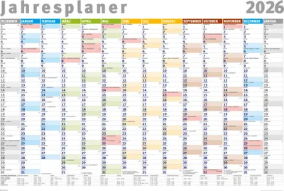 A wall calendar for the year 2026, showing months and days.