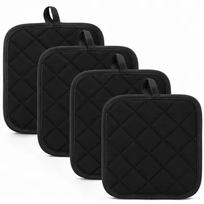 Topflappen 4er-Set, 18x18 cm, Baumwolle, hitzebeständig, schwarz
