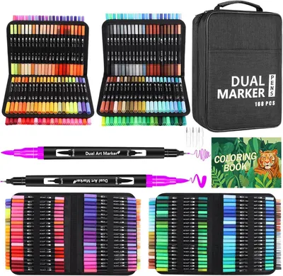 Productafbeelding van Dual brush pen set - 168 kleuren fineliner en penseelstiften - Dubbele viltstiften - Dik en dun - Bullet journal